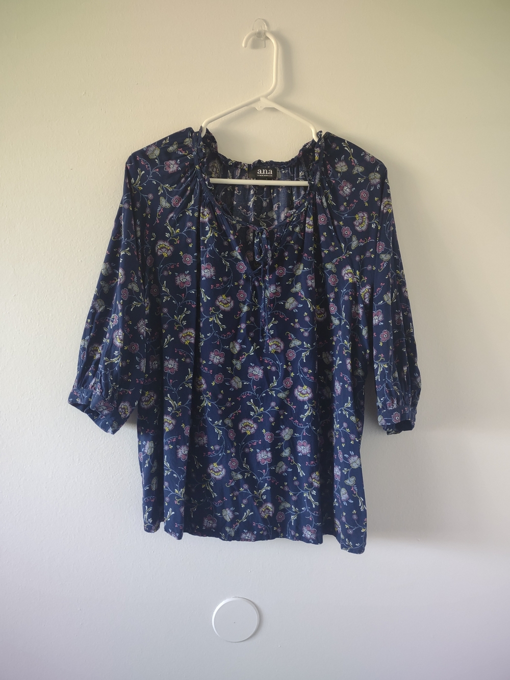 a.n.a Navy Floral Peasant Blouse with Tie Neck Women's XXL